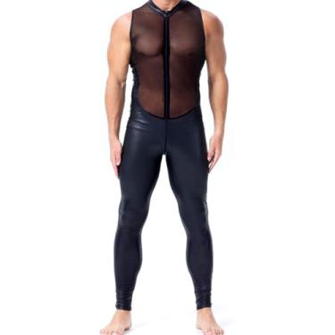 Imagem de Macacão Masculino Sexy De Látex De Malha Transparente De Couro Envernizado Body Bodysuit Molhado Olhar Zíper Boate Palco Traje Molhado Olhar Clubwear, Black, L