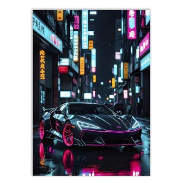 Imagem de Placa Decorativa Carro Futurista Rodas Rosa Cidade Cyberpunk Decoração Poster Quarto Sala