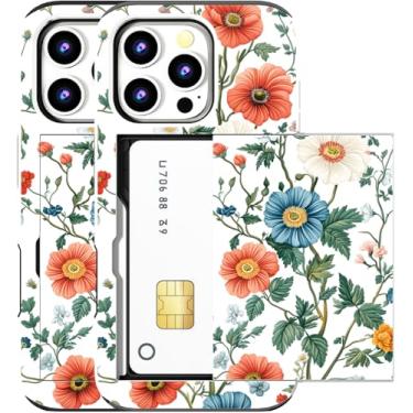 Imagem de MUQR Capa compatível com iPhone 16 Pro com suporte de cartão fofo - Design Kawaii, proteção contra quedas de nível militar, capa carteira robusta para mulheres (pintura branca flor botânica)