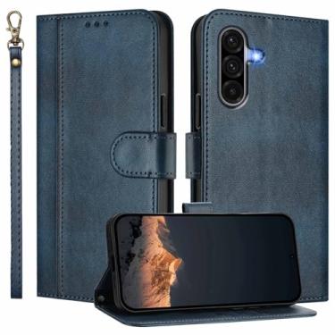 Imagem de JanCalm Capa carteira para celular Galaxy A36 5G, capa para Samsung A56, compartimentos para dinheiro, alça de pulso, capa flip com suporte de design minimalista, proteção de couro PU premium (azul)