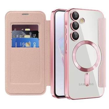 Imagem de Capa de celular luxuosa com flip de couro e clipe magnético para Samsung S24 S23 Ultra FE S22 Plus A55 A35 5G, capa carteira transparente, rosa, para Galaxy S23 Plus