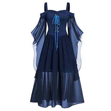 Imagem de Lxitoler Vestido medieval para mulheres, vestidos renascentistas, espartilho gótico, fantasia de bruxa, vestido de fada plus size, 02 - Azul-marinho, X-Large