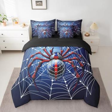 Imagem de Conjunto de cama King com 7 peças, teia de aranha, vermelho, preto, aracnídeo, inseto, animal, Happy Halloween, moda azul gótico (edredom + lençol de cima + 2 fronhas + 2 fronhas de travesseiro)