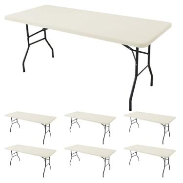 Imagem de Enjoyidea Toalha de mesa ajustada para mesas retangulares de 2,3 m - pacote com 6 toalhas de mesa de piquenique elásticas em creme - toalhas de mesa dobráveis elásticas de elastano 2,4 m para