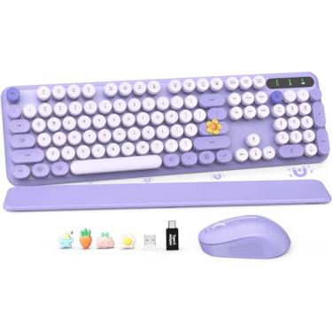 Imagem de Combo de teclado e mouse sem fio, completo, retrô, máquina de escrever, descanso pulso removível, teclas redondas delicadas, conexão s/ fio 2,4 GHz, Mac/Windows/PC/Notebook (Roxo multicolorido)