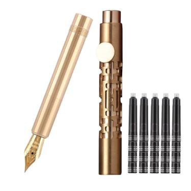 Imagem de SIPLIV Caneta-tinteiro de latão (85 mm) com bolso de parágrafo curto, minicaneta-tinteiro de ponta fina de irídio com 20 cartuchos de tinta preta, vazada