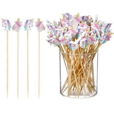 Imagem de Chengu 600 palitos de unicórnio para coquetéis de 13 cm palitos de dente para aperitivos espetos de bambu palitos de coquetel aniversário cupcake topo de comida decorativa para frutas praia verão