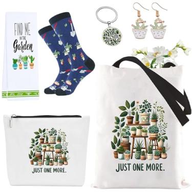 Imagem de HIGHTERTON Presentes de plantas para mulheres, conjunto de presente de 6 peças para amantes de jardim, presentes de plantas em vaso com bolsa de lona, bolsa de maquiagem, meias engraçadas, toalha