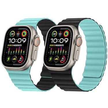 Imagem de HITZEE Pulseira magnética reversível dupla face compatível com Apple Watch 42(S10)/41/40/38 mm, pulseira de silicone macio para Apple Watch séries 10, 9, 8, 7, SE 6-1 (42/41/40/38, azul lago/preto)