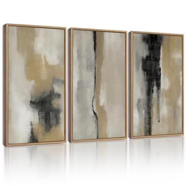 Imagem de KUVIOKE Arte de parede emoldurada abstrata preta grafite neutro pastel minimalista decoração de parede pintura de arte moderna para quarto sala de estar 40,6 x 61 cm (moldura natural)