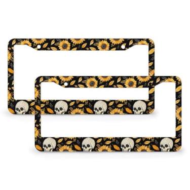 Imagem de KIOWEIR Pacote com 2 molduras de placa de carro com teia de aranha de caveira, girassol, acessórios para placa de carro de aço inoxidável com 2 furos e parafusos, moldura universal de alumínio para