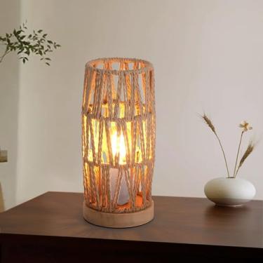 Imagem de Zoxxoz Candeeiro de mesa de corda de tecido boho com base de madeira natural feita à mão, pequena mesa de cabeceira vintage de vime de vime, luminária de mesa de cabeceira de bambu para quarto, sala