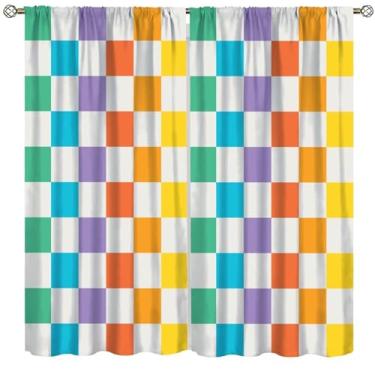 Imagem de Focusbrite Cortinas retrô dos anos 70, lindas cortinas de janela hippie xadrez verde rosa amarelo para crianças, meninas, quarto, sala de estar, cozinha, conjunto com 2 painéis, 106 x 113 cm