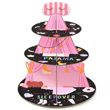 Imagem de TEASIK Suporte de bolo de 3 camadas para decoração de festa de aniversário de meninas – suporte de sobremesa de papelão orbicular rosa e preto para festa do pijama, decorações de sono, barracas de