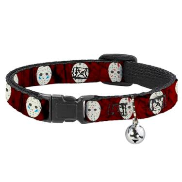 Imagem de Warner Bros. Coleira para gatos de filmes de terror, coleira separada com sino, ícones de máscara de hóquei sexta-feira 13 vermelhos, 21 a 30 cm de largura