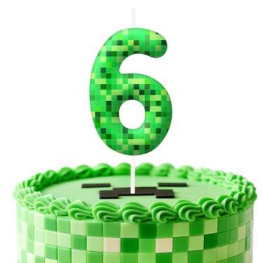 Imagem de Velas de aniversário verdes número 6, topo de bolo com tema de pixel para decoração de bolo para meninos e meninas, decorações de aniversário, suprimentos de festa, velas com números para decoração de