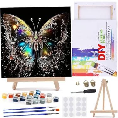 Imagem de MaiMMaledy Kit de pintura por números 25,5 x 25,5 cm L para adultos iniciantes com pintura de desenho emoldurado, pigmento acrílico com cavalete triangular de madeira, borboleta preta