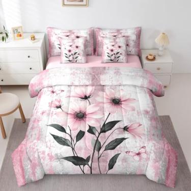 Imagem de Erosebridal Conjunto de cama casal com estampa de margaridas em aquarela com 7 peças, pintura a óleo abstrata, rústico, casa de fazenda, conjunto de edredom com lençol ombré rosa e branco