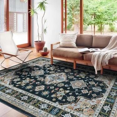 Imagem de Garvee Tapete floral vintage boho de 20 x 25 m para sala de estar, estilo oriental lavável à máquina, tapete macio antiderrapante para quarto/sala de jantar/fazenda/berçário/apartamento (preto azul)