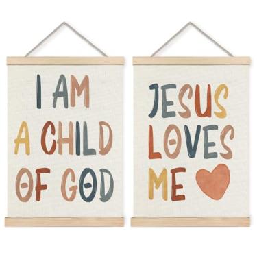 Imagem de Foritho Pôster de berçário cristão emoldurado, decoração de berçário boho, Jesus Loves Me I Am a Child of God Versículos da Bíblia impressões em tela, decoração de parede para sala de aula, sala de