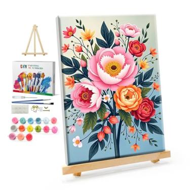 Imagem de YOYA Kit de pintura emoldurada por números para adultos – kit de pintura de flores por números em tela com cavalete, pintura de flores DIY por número tela emoldurada para decoração de parede de casa