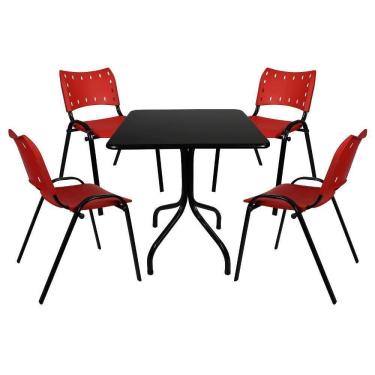Imagem de Jogo Mesa 70x70 Preta Para Bares E Restaurantes Com 4 Cadeiras Iso Vermelha