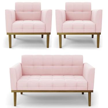 Imagem de Sofá Namoradeira E 2 Poltronas Base Madeira Castanho Ana Suede Rosa Bebê - Ibiza
