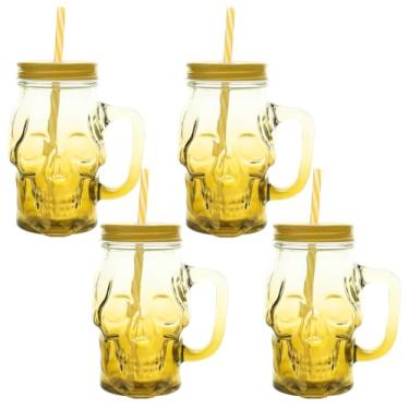 Imagem de Skull Mason Jars com alça, canecas de cerveja de vidro de 473 ml, copo gótico de boca larga com canudos e tampas, caneca de bar de pub novidade copos de Halloween para bebidas, licores, coquetéis