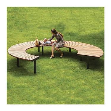 Imagem de ZzleoyuUUs-12 Banco de jardim ao ar livre, cadeira de banco, assentos circulares de parque, bancos circulares modernos de madeira anticorrosão com molduras de aço, banco de pátio