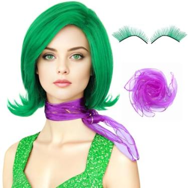 Imagem de morvally Peruca feminina verde fantasia com cachecol e cílios postiços curto verde cosplay perucas para adultos fantasia de Halloween anime cosplay (adultos)