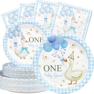 Imagem de Celee Silly Goose Artigos de festa de aniversário para 40 convidados – guardanapos e garfos com pratos de guingão azul – Conjunto de utensílios de mesa descartáveis com tema animal de fazenda para