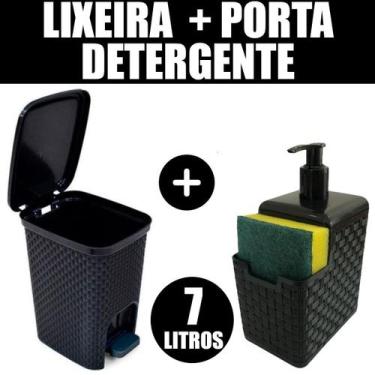 Imagem de Kit Porta Detergente E Esponja + Lixeira 7 Litros Com Pedal - LOJA DO 