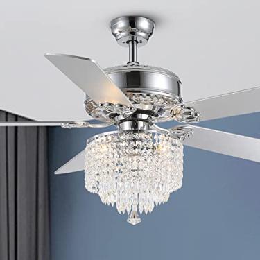 Imagem de CROSSIO Ventilador de teto de cristal com luzes de lustre moderno com ventilador remoto cromado reversível luminária para o quarto sala de jantar 52"