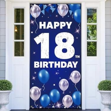 Imagem de HTDZZI Decorações de aniversário de 18 anos para meninos - Faixa de pano de fundo de aniversário de 18 anos, placa de quintal, adereços para fotos, decoração de porta - suprimentos de festa de