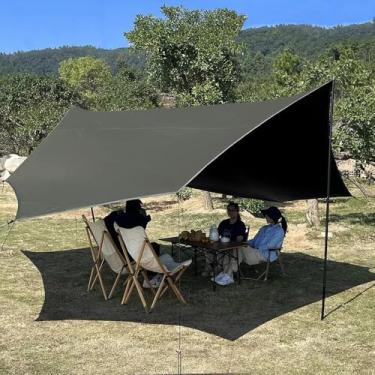 Imagem de Lona de acampamento grande de 4,9 x 4,9 m com postes rede impermeável chuva mosca acampamento abrigo solar (verde, sem mastro)