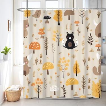 Imagem de Renaiss Conjunto de cortinas de chuveiro infantis fofas de 182 x 182 cm, desenho animado, animais da floresta, urso, cogumelo, árvore, cortina para banheiro infantil engraçada com ganchos de plástico