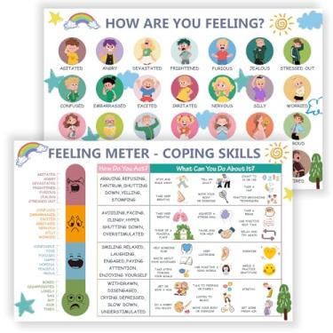 Imagem de LAZTZQ Conjunto de 2 pôsteres de saúde mental infantil: gráfico de reconhecimento de emoções e habilidades de calma e estratégias de enfrentamento 28 x 43 cm pôster para conselheiros escolares