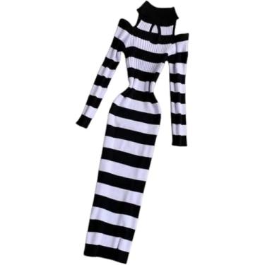 Imagem de Vestido Kitted Retro Gola Alta Slim Listrado Impressão Outono Inverno Bodycon Kit Suéter Midi Vestido Ombro A Ombro Mulheres Casual Manga Longa, Black White, One Size