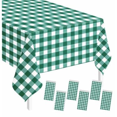 Imagem de SietDESEO Pacote com 6 toalhas de mesa xadrez verde retangular, 137 x 272 cm, toalha de mesa xadrez verde e branca, capa de plástico descartável para aniversário, chá de bebê, piquenique, festa de
