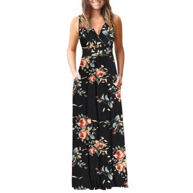 Imagem de Vestido longo feminino AUSELILY com decote em V profundo, solto, liso,