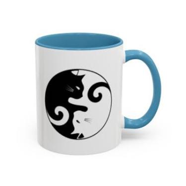 Imagem de Caneca de café de gato Yin Yang – Design fofo de gatinho preto e branco – Caneca com detalhes de cerâmica para amantes de gatos - Ideia de presente de aniversário e Natal (azul claro, 325 ml)
