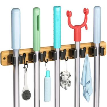 Imagem de IMILLET Suporte de parede para vassoura, gancho de vassoura de bambu com 5 prateleiras, 4 ganchos, suporte de esfregão e vassoura autoadesivo, organização doméstica e armazenamento para lavanderia