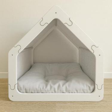 Imagem de Cama Caminha para Pet Cachorro e Gato Tamanho Grande em Madeira e Tecido, Luma Pet, Design Casinha, com Almofada Macia (Cinza)