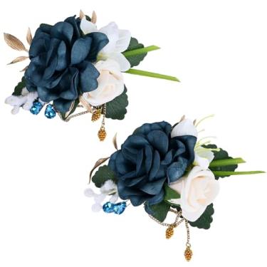 Imagem de MAFELOE Conjunto de 2 peças de flores artificiais de corpete e flor na lapela para casamento, baile, festa, celebração, evento de negócios, decoração de terno - azul (W4-B1-ZZH)