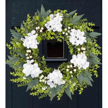 Imagem de TALVADI Guirlandas de eucalipto e buxo de 56 a 61 cm para porta da frente, guirlandas para todas as estações com flores brancas e frutas vermelhas, guirlanda de primavera verão outono para casa, porta