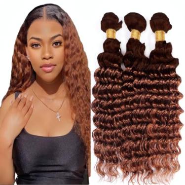 Imagem de LOIUMGUU Feixes de cabelo humano marrom mel ombré T4/30 mechas de ondas profundas 56 cm 66 cm 2 tons de colagem e castanho claro trama de cabelo real para mulheres trama dupla