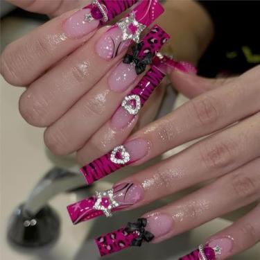 Imagem de RTKHFZE Unhas postiças longas quadradas, vermelho rosa, ponta francesa, cola em unhas com laço 3D, unhas de acrílico, unhas postiças, estrela, Y2k, unhas postiças para mulheres