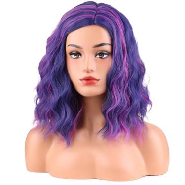 Imagem de MAGQOO Perucas azuis rosa para mulheres, curto, encaracolado, ondulado, azul e rosa choque, peruca lateral sintética para Halloween, cosplay, festa