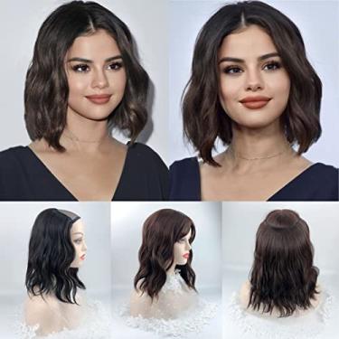 Imagem de Peruca curta ondulada de 35,5 cm em forma de U, meia peruca 3/4, peça única com 5 clipes, extensão de cabelo com coroa invisível (Jet Black)