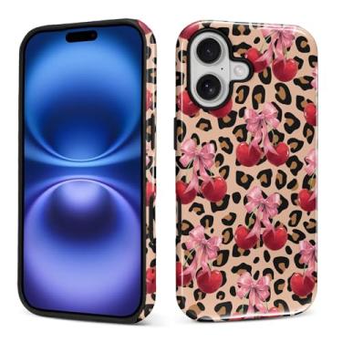 Imagem de Kapadiy Capa para iPhone 17, estampa de leopardo com design de laço cereja híbrida dupla proteção de silicone rígido PC à prova de choque, capa protetora fina antiarranhões para homens e mulheres